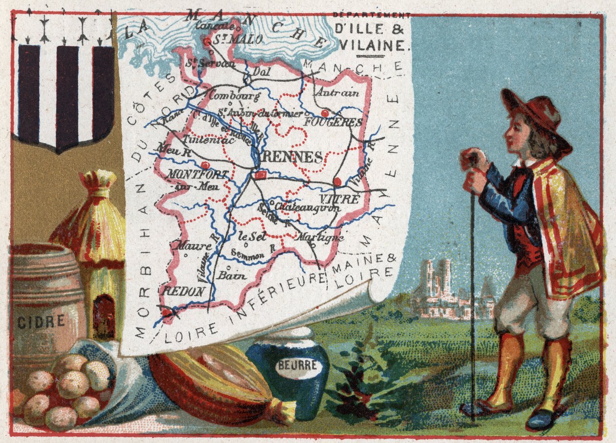 Ille-et-Vilaine (Ille et Vilaine, 35), Bretaň, Francie. Cider a máslo. Seriál o francouzských departementech. Chromolitografie (Chromo) „“geografické vlákno“, kolem roku 1920. Soukromá sbírka. od French School