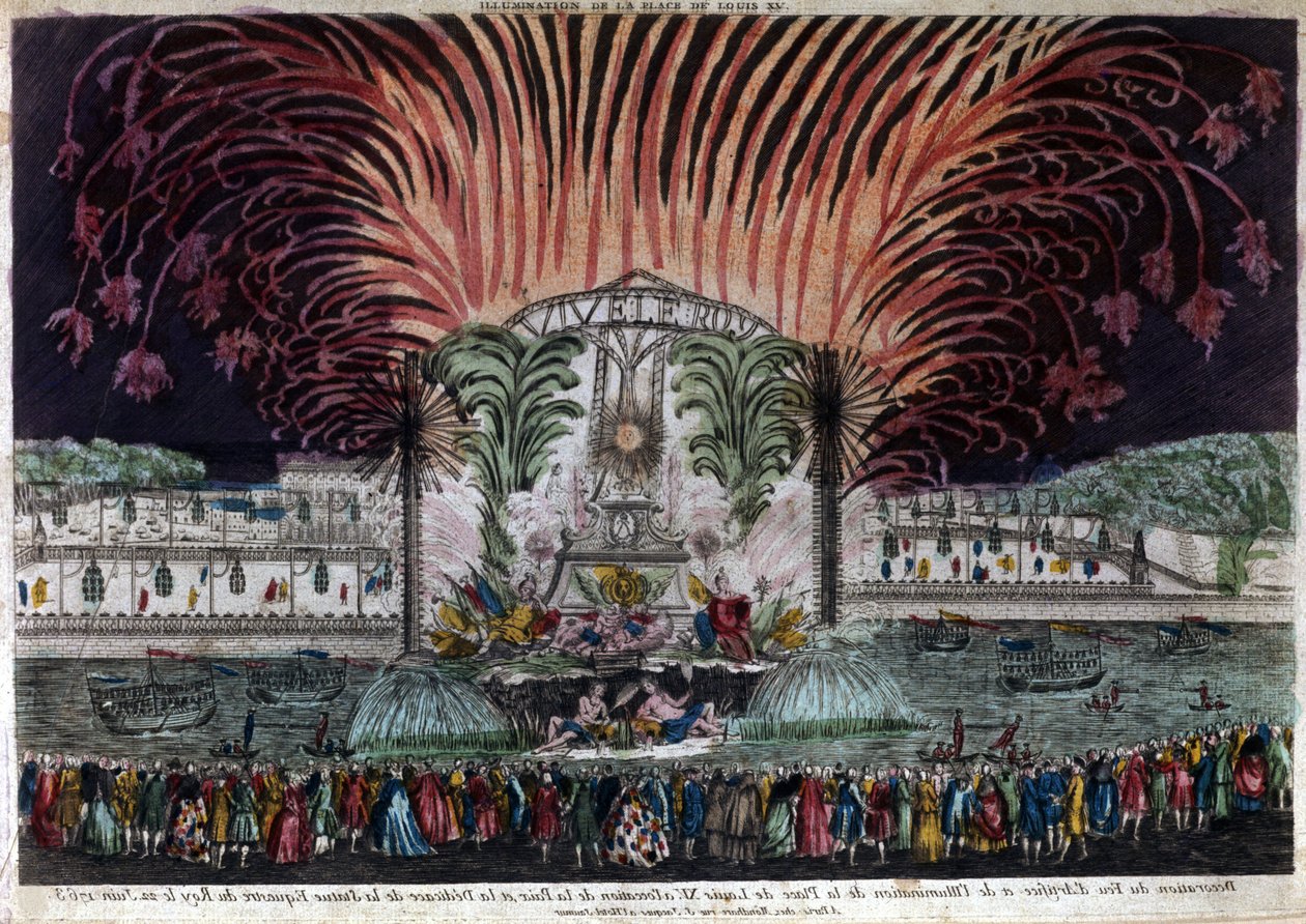 Iluminace a ohňostroj na Place Louis XV v Paříži u příležitosti míru a inaugurace královské jezdecké sochy dne 22. června 1763. Privee Collection od French School