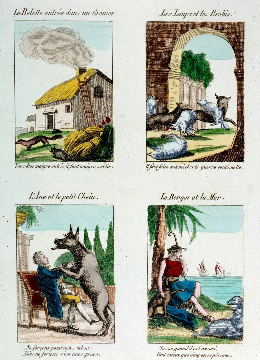 Ilustrační deska k bajkám Jeana de La Fontaina (1621-1695): lasička vstoupila na půdu, vlci a ovce, osel a pes, pastýř a moře. Rytina od French School