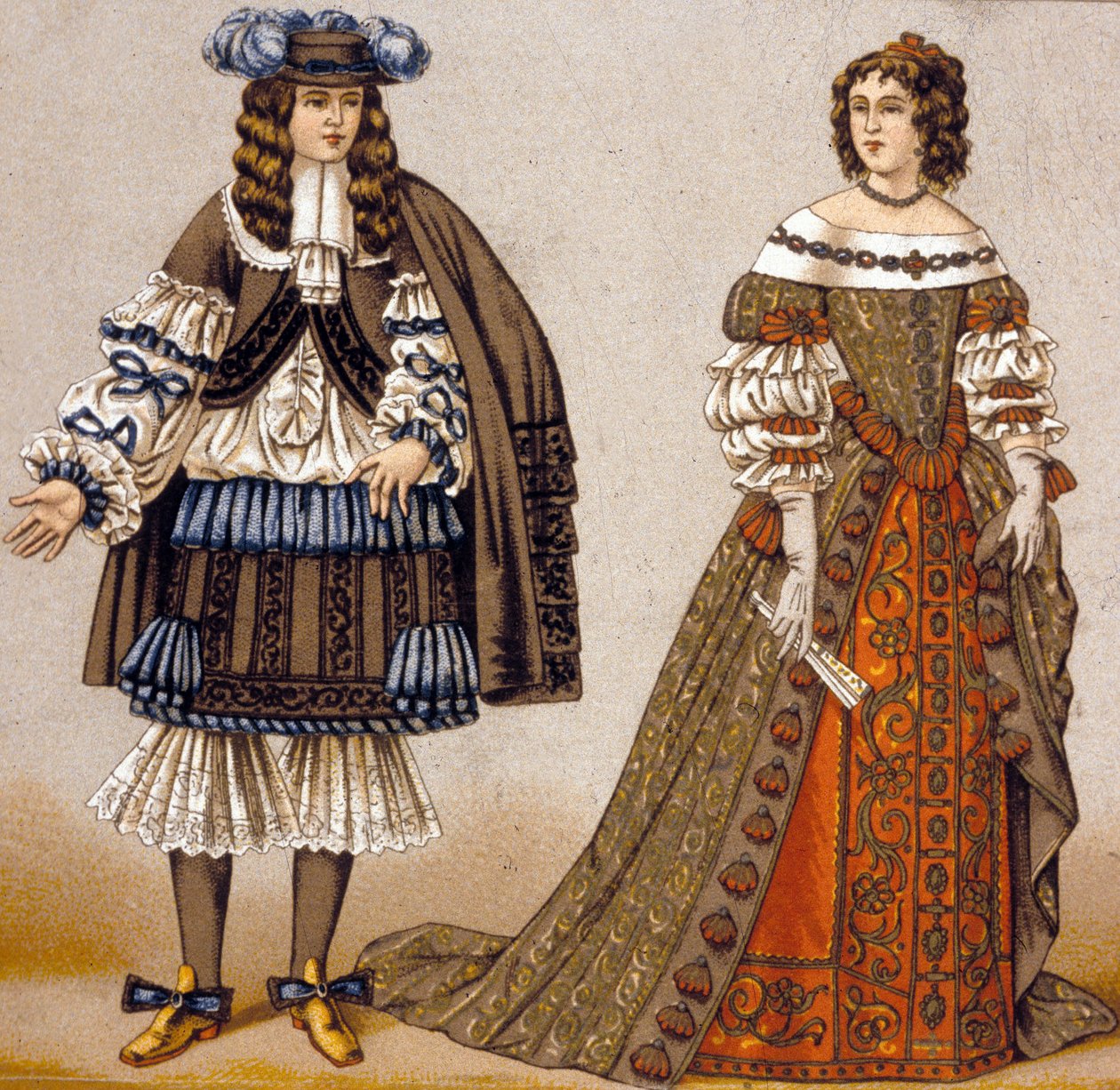 Ilustrace pro postavy Alceste a Celimene ve hře "Misantrop" od Moliere (barevná rytina) od French School