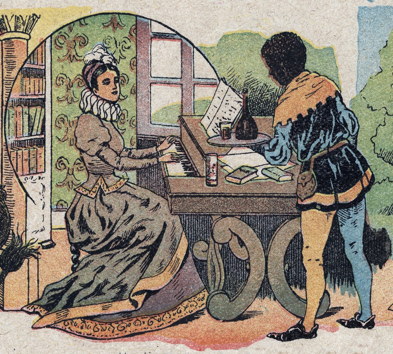 Ilustrace k pohádce „Kráska a Bete““: byla obklopena pozorností. Rytina snímků Quinn, circa 1890. od French School