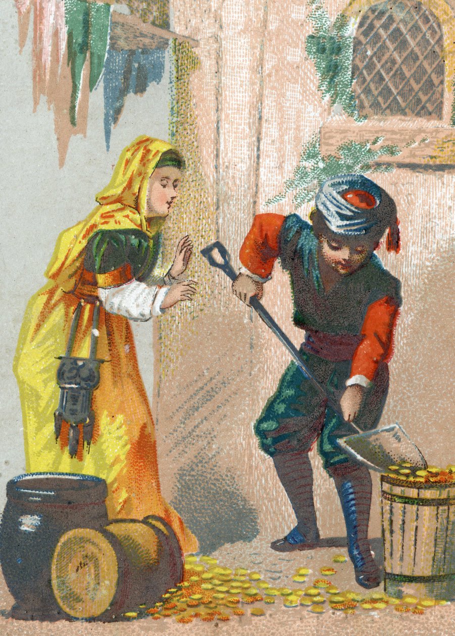 Ilustrace k Pohádkám tisíce a jedné noci. Ali-Baba (Ali Baba) naloží své zlaté osly a vrátí se domů, Chromolitografie kolem roku 1890. od French School
