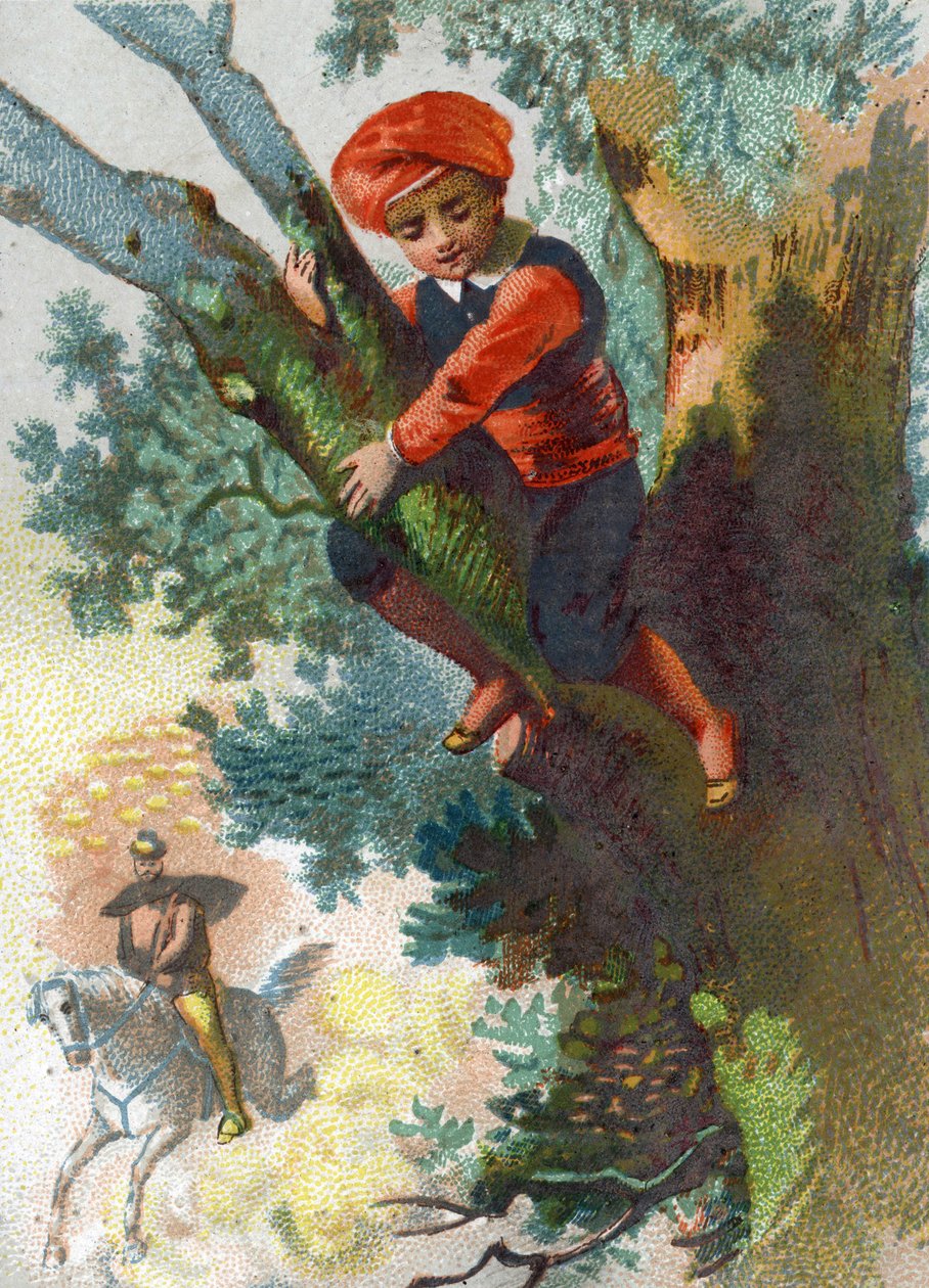 Ilustrace k Pohádkám tisíce a jedné noci. Ali-Baba (Ali Baba), který vidí tlupu zlodějů přicházející z dálky do lesa, se schovává na stromě. Chromolitografie kolem roku 1890. od French School