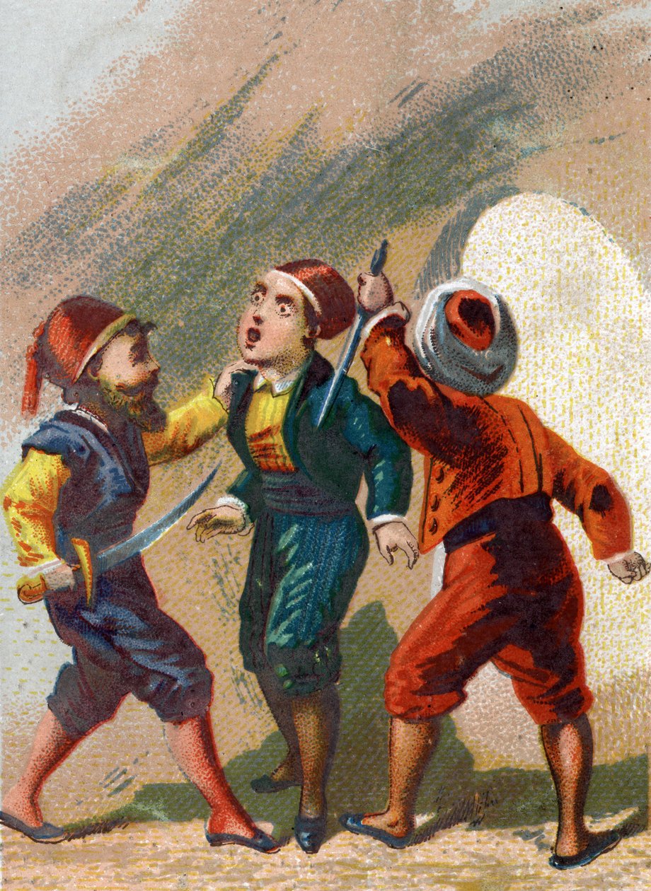 Ilustrace k Pohádkám tisíce a jedné noci. Cassim žárlivý na Ali Babu (Ali Baba) také jde do jeskyně, ale zapomene na slovo jít ven a je zavražděn zloději. Chromolitografie kolem roku 1890. od French School