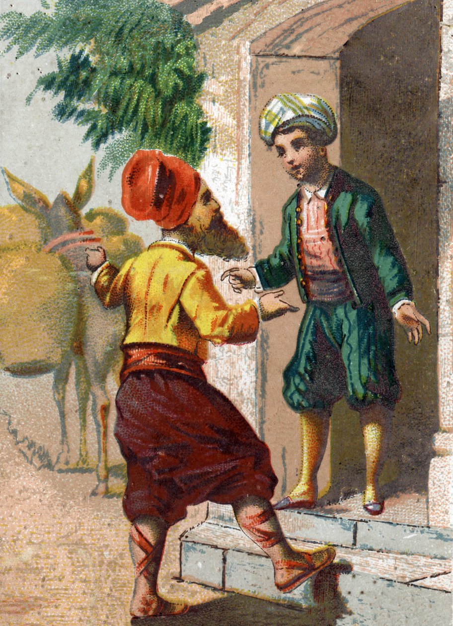 Ilustrace k Pohádkám tisíce a jedné noci. Kapitán, zklamaný obchodníkem s ropou a následovaný 19 mezky, nakládá každou ze dvou velkých váz, žádá Ali-Babu (Ali Baba) o pohostinnost. Chromolitografie kolem roku 1890. od French School