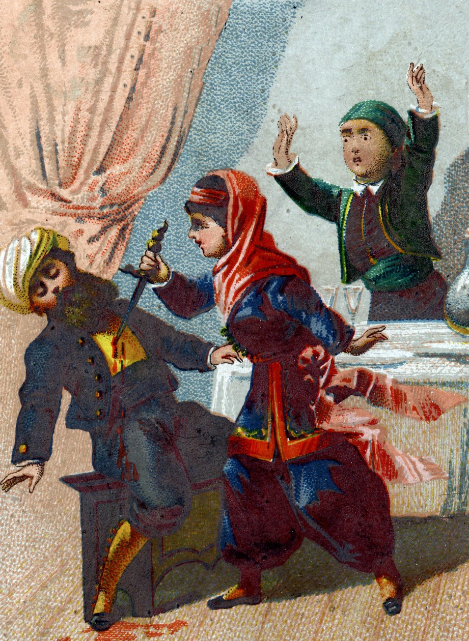 Ilustrace k Pohádkám tisíce a jedné noci. Kapitán se znovu převleče a vrátí se k Ali Baba (Ali baba), ale Morgiane ho pozná a při tanci ho probodne. Chromolitografie kolem roku 1890. od French School