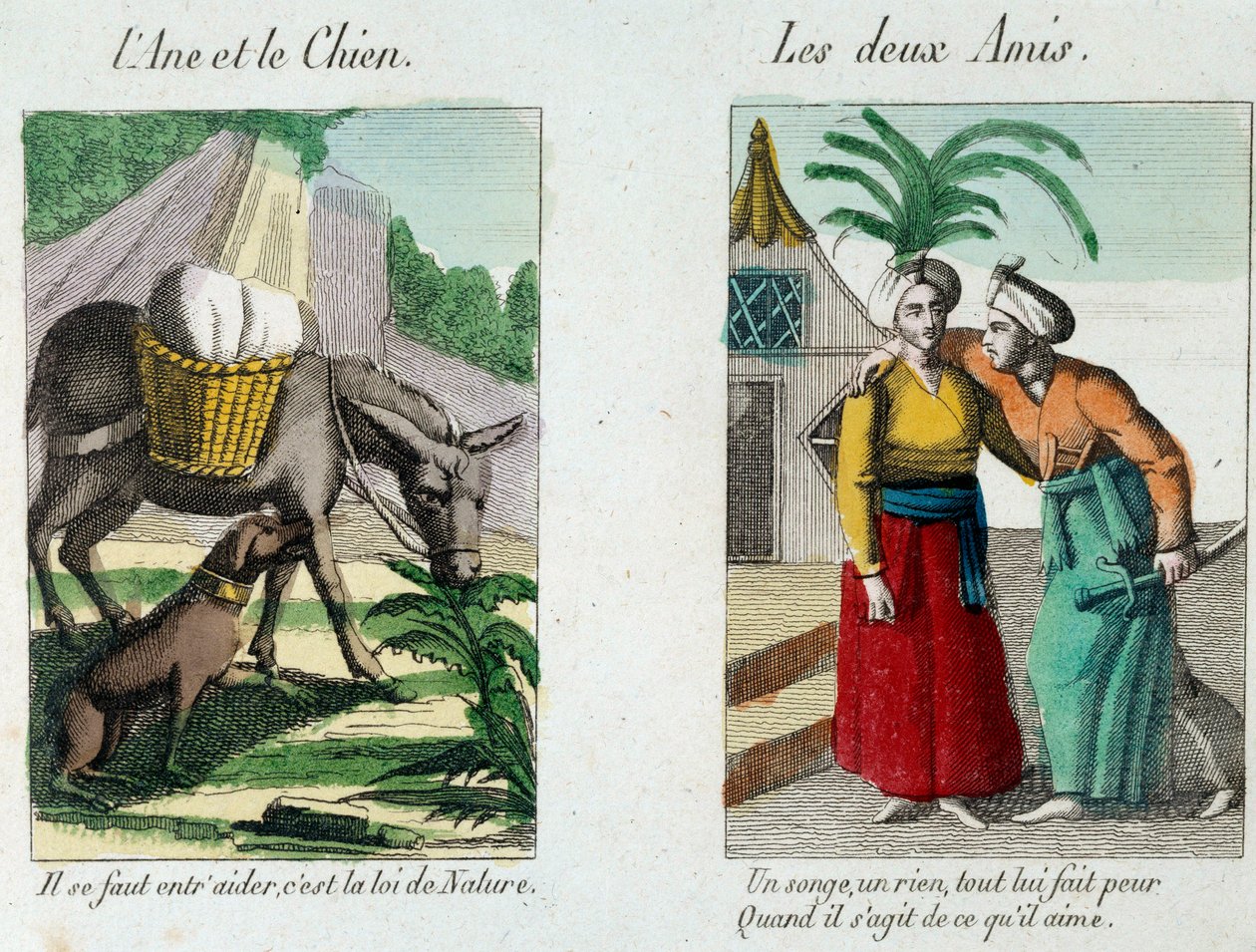 Ilustrace k bajkám Jean de la Fontaine (1621-1695): vlevo „“ Osel a pes“““ vpravo „“ Les deux amis“““ Rytina 19. století. Musee La Fontaine, Chateau Thierry od French School