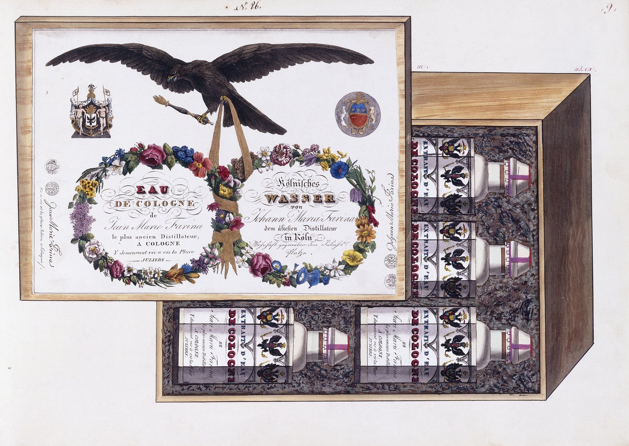 Ilustrace pro balení kolínské vody, cca 1825 (akvarel a tělová barva) od French School