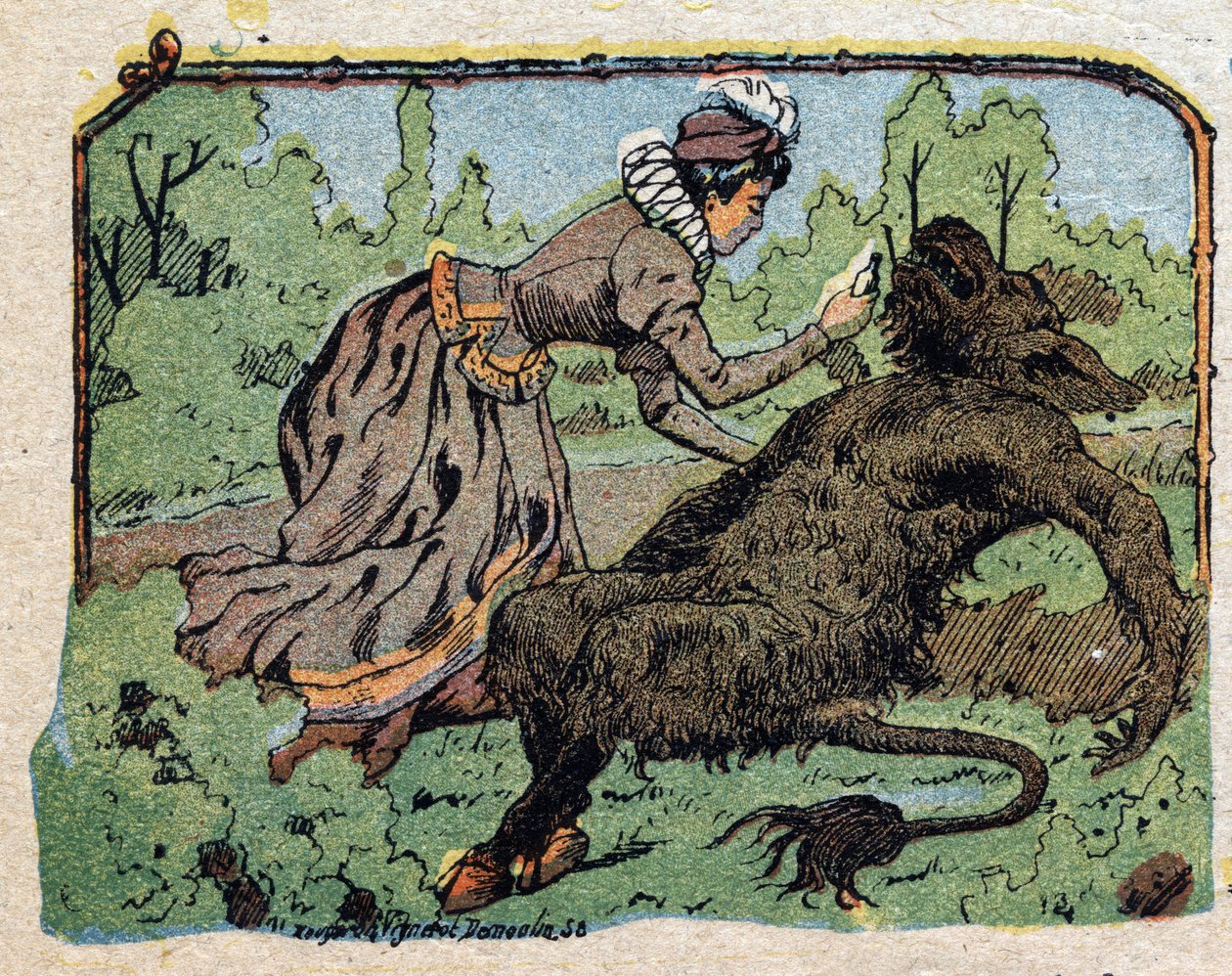 Ilustrace k pohádce „Kráska a Bete“: kráska oživila bete, která omdlela bolestí, když odmítla navrhnout sňatek. Rytina snímků Quinn, circa 1890. od French School
