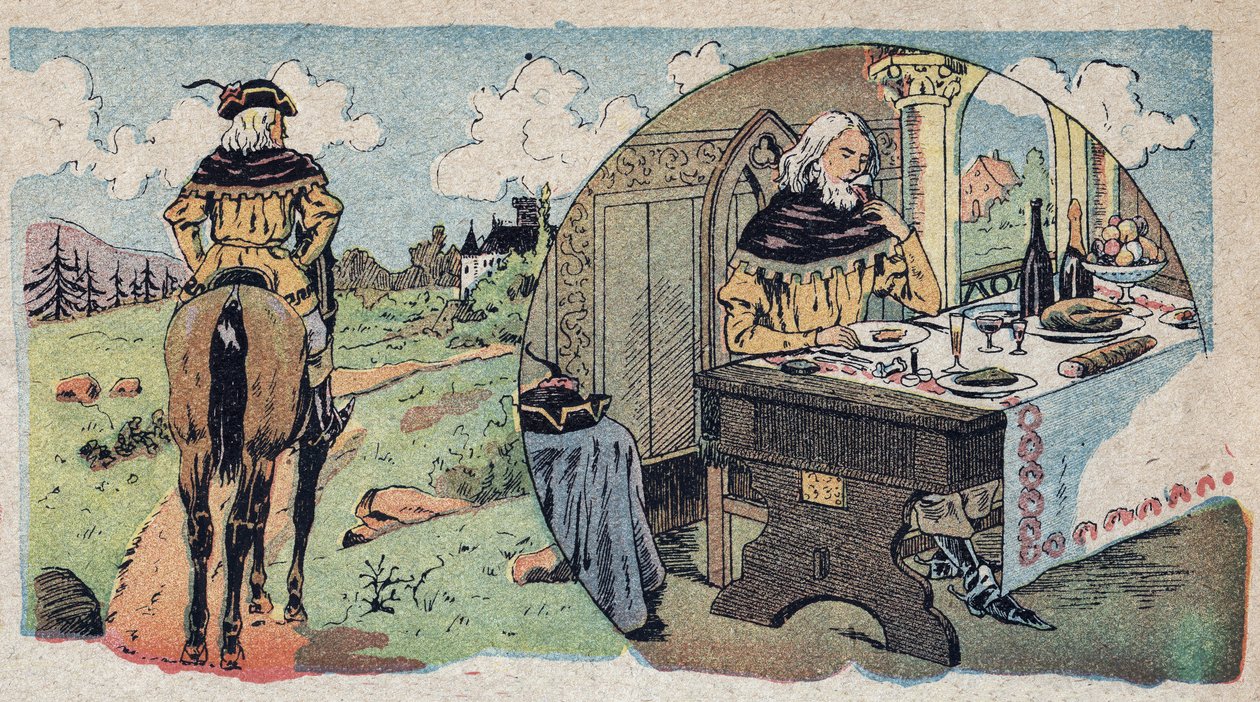 Ilustrace k pohádce „Kráska a Bete““: obchodník se ztratil v lese poté, co vešel do jídelny. Rytina snímků Quinn, circa 1890. od French School