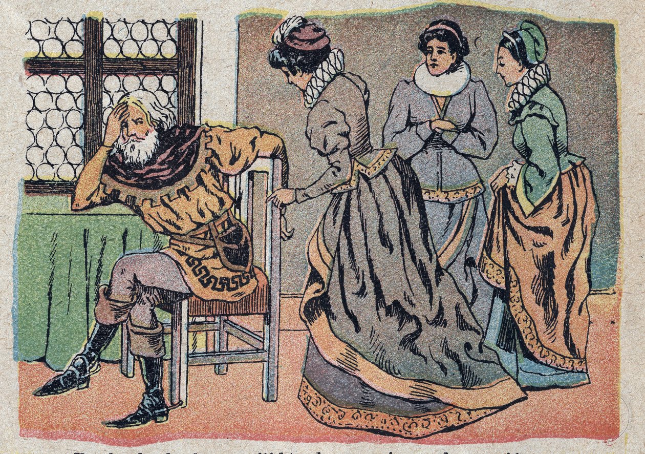 Ilustrace k pohádce „Kráska a Bete“: obchodník ztracený v bolestech. Rytina snímků Quinn, circa 1890. od French School