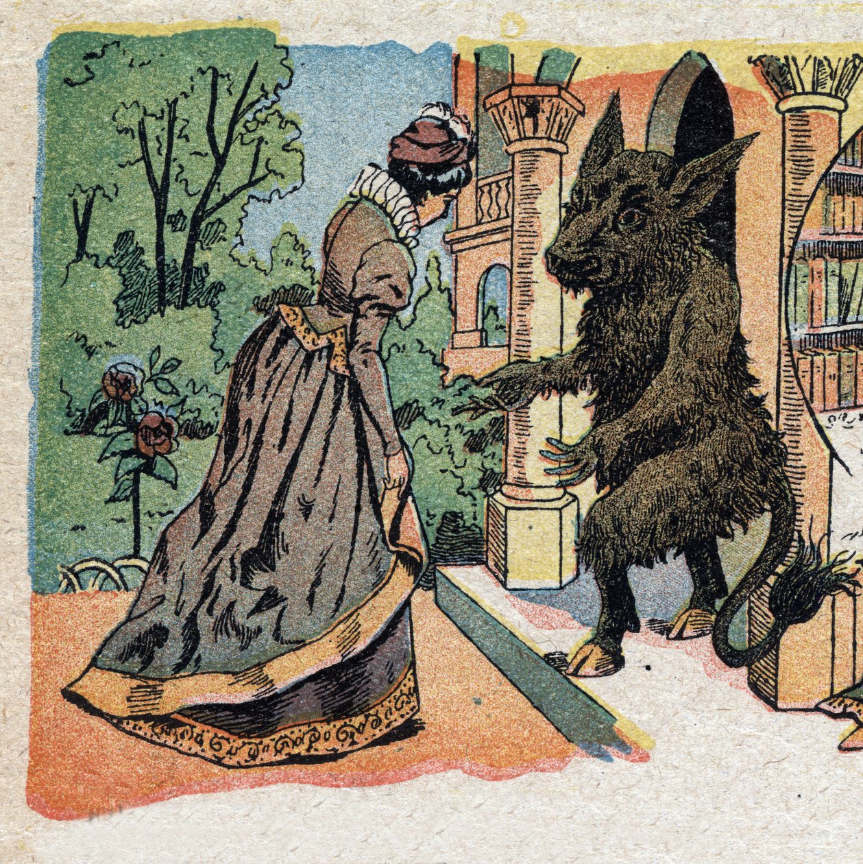 Ilustrace k pohádce „La Belle et la Bete““: krásná přijíždí do hradu Bete. Rytina snímků Quinn, circa 1890. od French School
