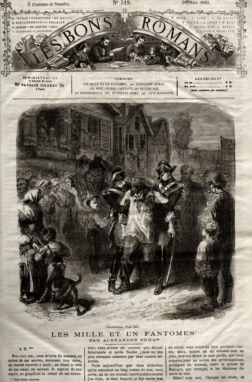 Ilustrace z románu „The Thousand Un Fantomes““ od Alexandra Dumase pere se objevila v „“The Bons Romans““ z 28.3.1865 od French School