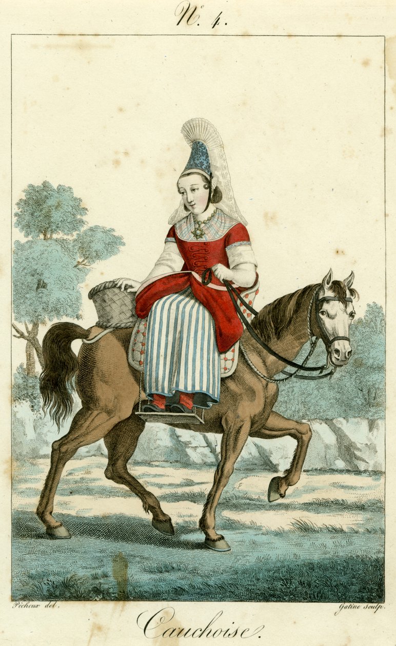 Ilustrace č. 4, kostým Cauchoise (barevná rytina) od French School