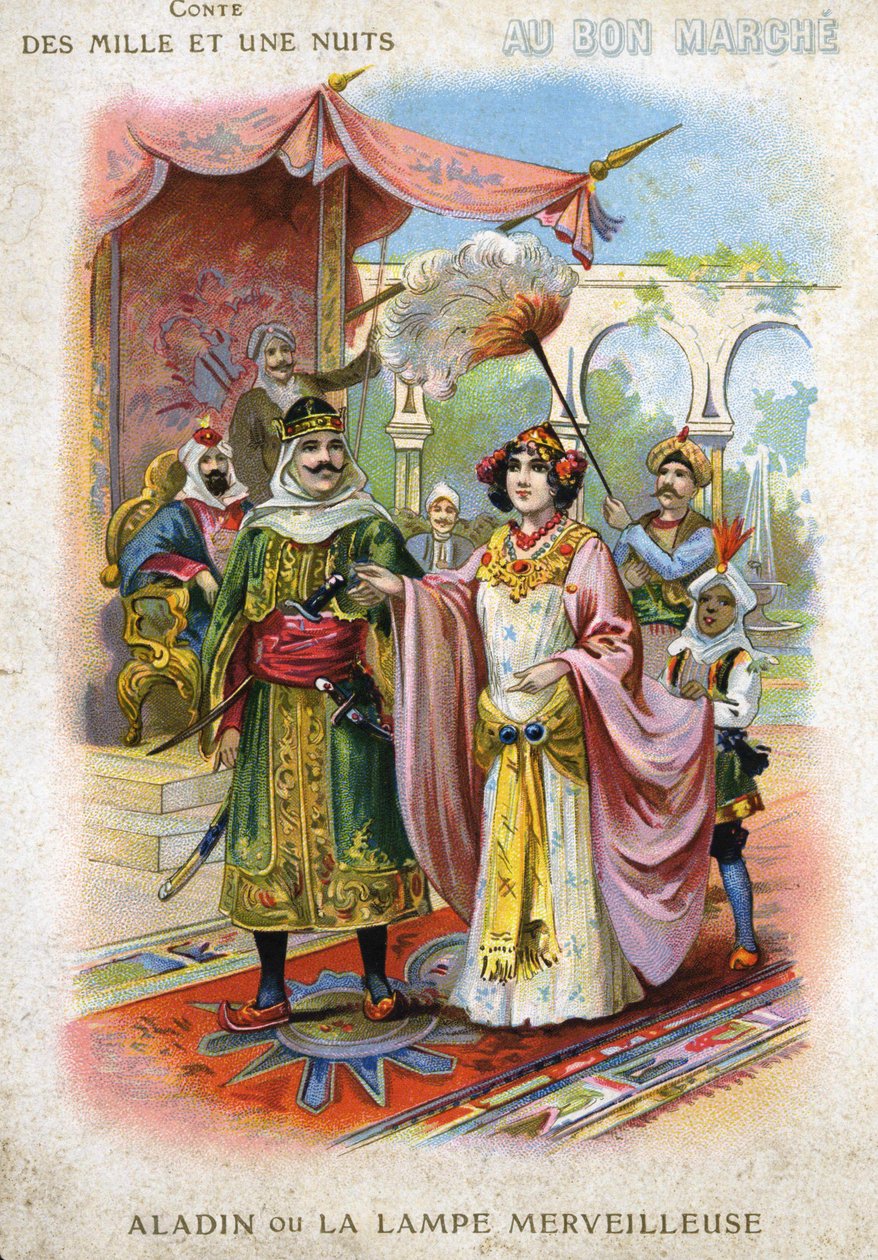 Ilustrace Aladina nebo nádherné lampy v „Příběhu tisíce a jedné noci“ od French School