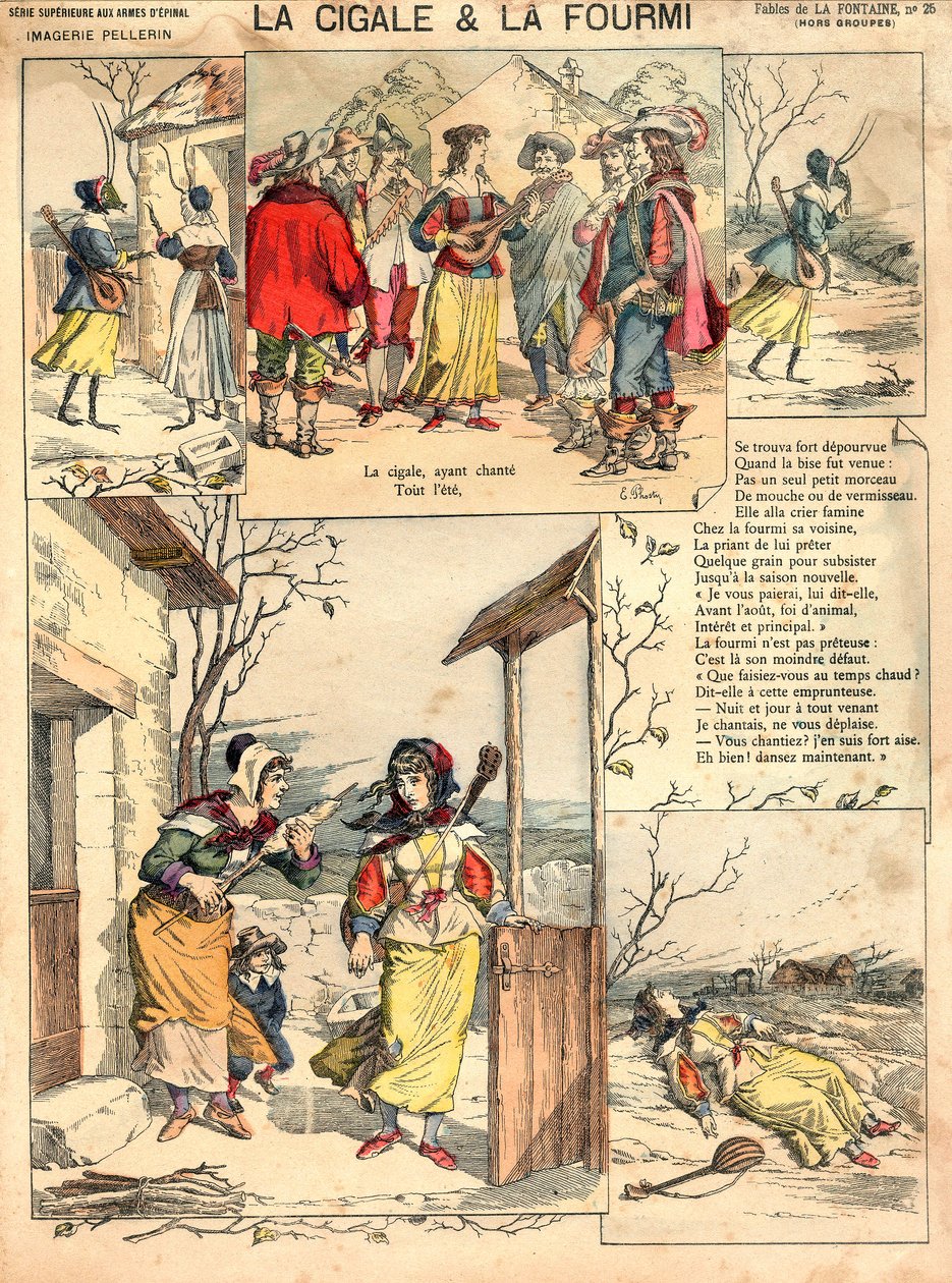 Ilustrace La Fontainovy bajky Cikáda a mravenec, rytina, asi 1890 od French School