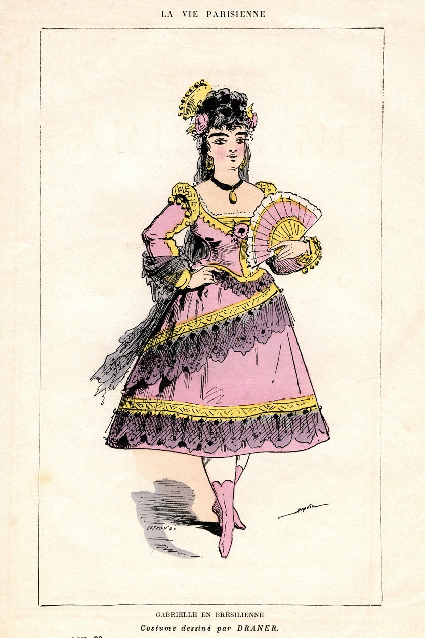 Ilustrace "La Vie Parisienne", skladba a opera (opera-jídlo) Jacquese Offenbacha na libreto Ludovica Halevyho a Henriho (Henryho) Meilhaca, knižní vydání v knihkupectví Illustree 1875 - Gabrielle v Bresilienne: kostým nakreslil Draner (1833-1926). od French School