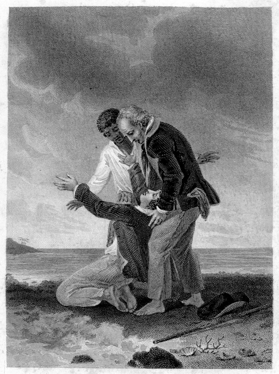 Ilustrace „“Paul a Virginie““: Paul před mořem. Roman Henri Bernardin de Saint Pierre (Saint-Pierre nebo St-Pierre), francouzský spisovatel (1737-1814). od French School