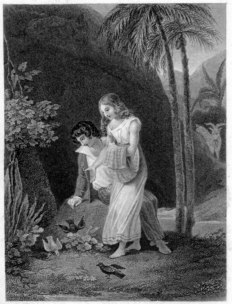 Ilustrace „Paul a Virginie““. Roman Henri Bernardin de Saint Pierre (Saint-Pierre nebo St-Pierre), francouzský spisovatel (1737-1814). od French School
