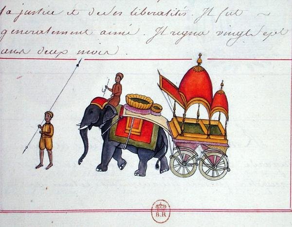 Ilustrace slona táhnoucího vozík, začátek 19. století (papír) od French School