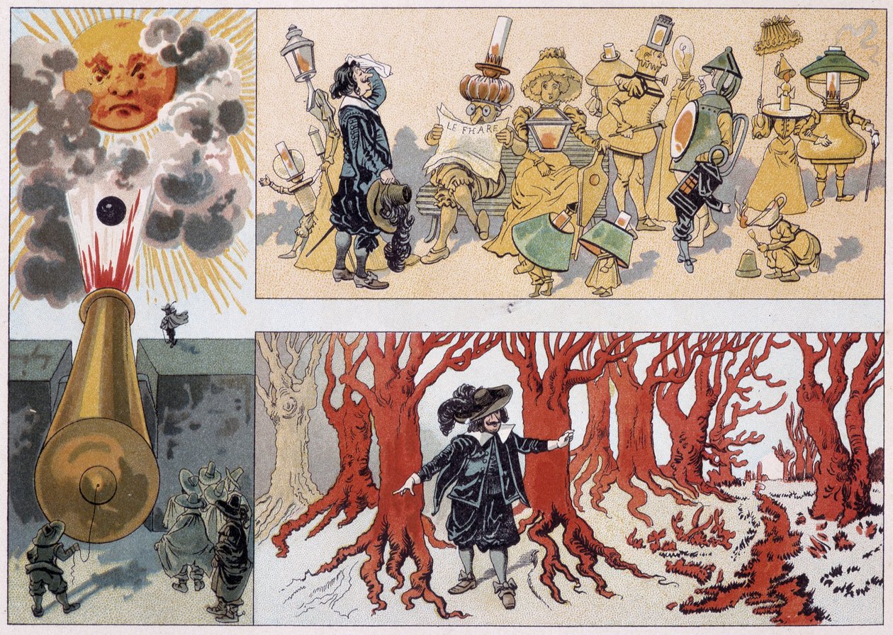 Ilustrace de Cyrano de Bergerac v jeho románu „Ostatní svět“ od French School