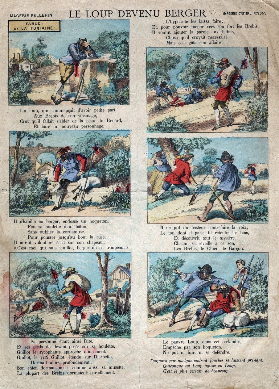 Ilustrace bajky Jean de la Fontaine (1621-1695): vlk se stal pastýřem. Epinal imaging z konce 19. století. od French School