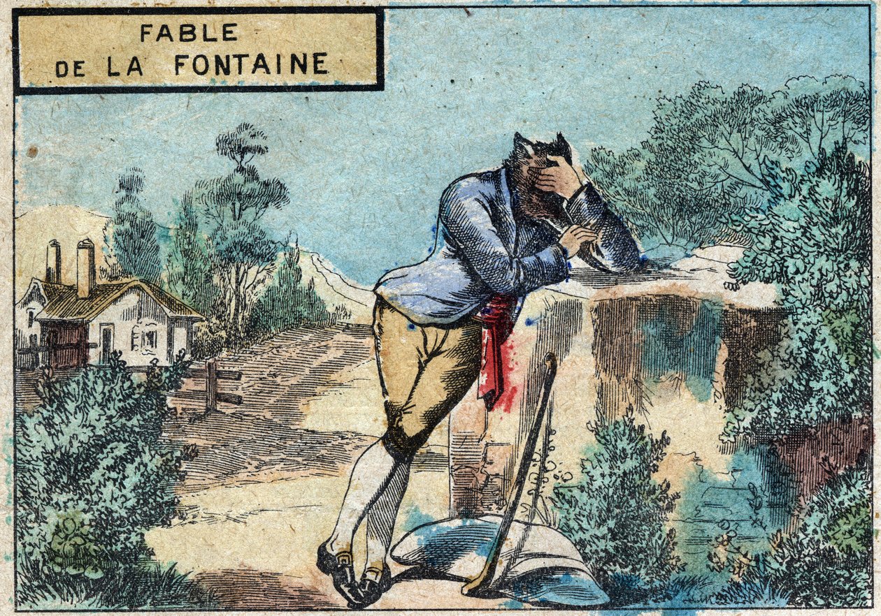 Ilustrace bajky Jean de la Fontaine (1621-1695): vlk se stal pastýřem. Epinal imaging z konce 19. století. od French School