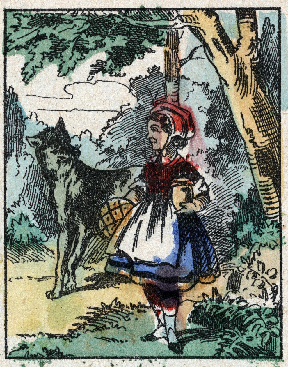 Ilustrace příběhu „Červená karkulka“ od Charlese Perraulta. Dřevoryt od Imaging Pellerin - Epinal, sd. Konec 19. století. od French School