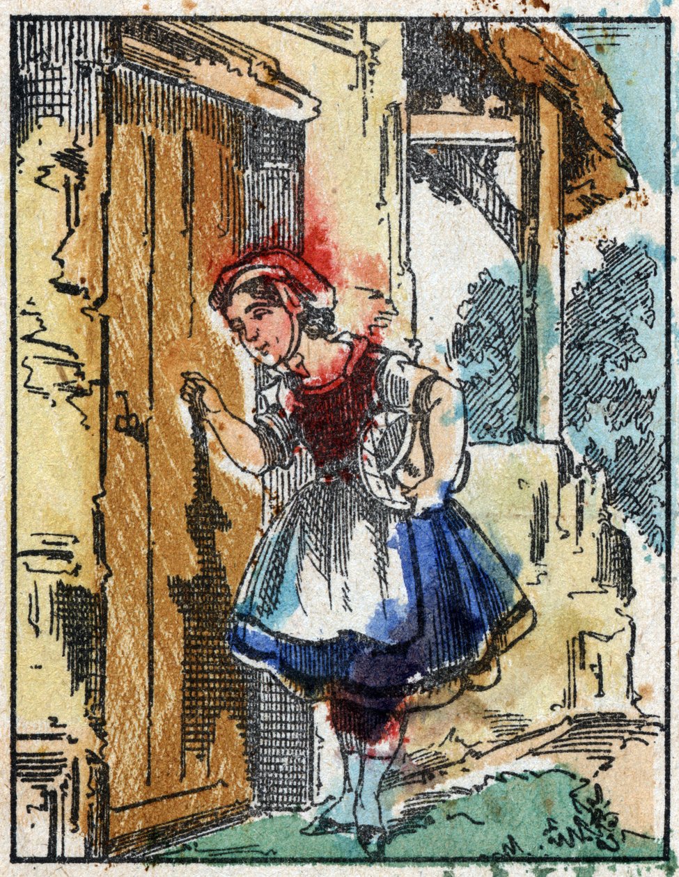 Ilustrace příběhu „Červená karkulka“ od Charlese Perraulta. Dřevoryt od Imaging Pellerin - Epinal, sd. Konec 19. století. od French School