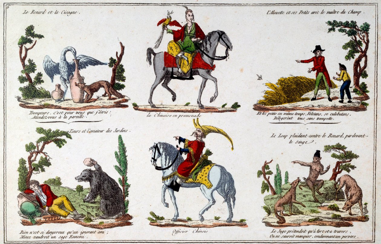 Ilustrační deska k bajkám od Jean de La Fontaine (1621-1695): Liška a čáp, Číňan chodící, medvěd a milovník zahrady, čínský důstojník. Rytina od French School