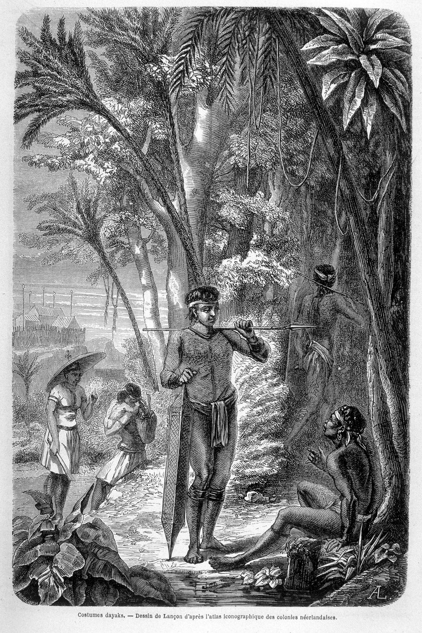 Ilustrace publikovaná ve vydání "Le Tour du monde" z roku 1862 zobrazující obyvatele ostrova Borneo. Rytina. od French School