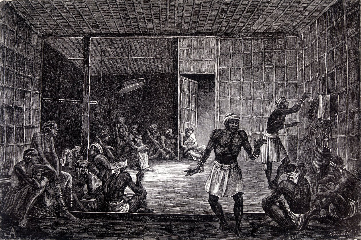 Ilustrace publikovaná ve vydání „Le Tour du monde“ z roku 1862 zobrazující exorcismus praktikovaný dayaky na ostrově Borneo. Rytina. od French School