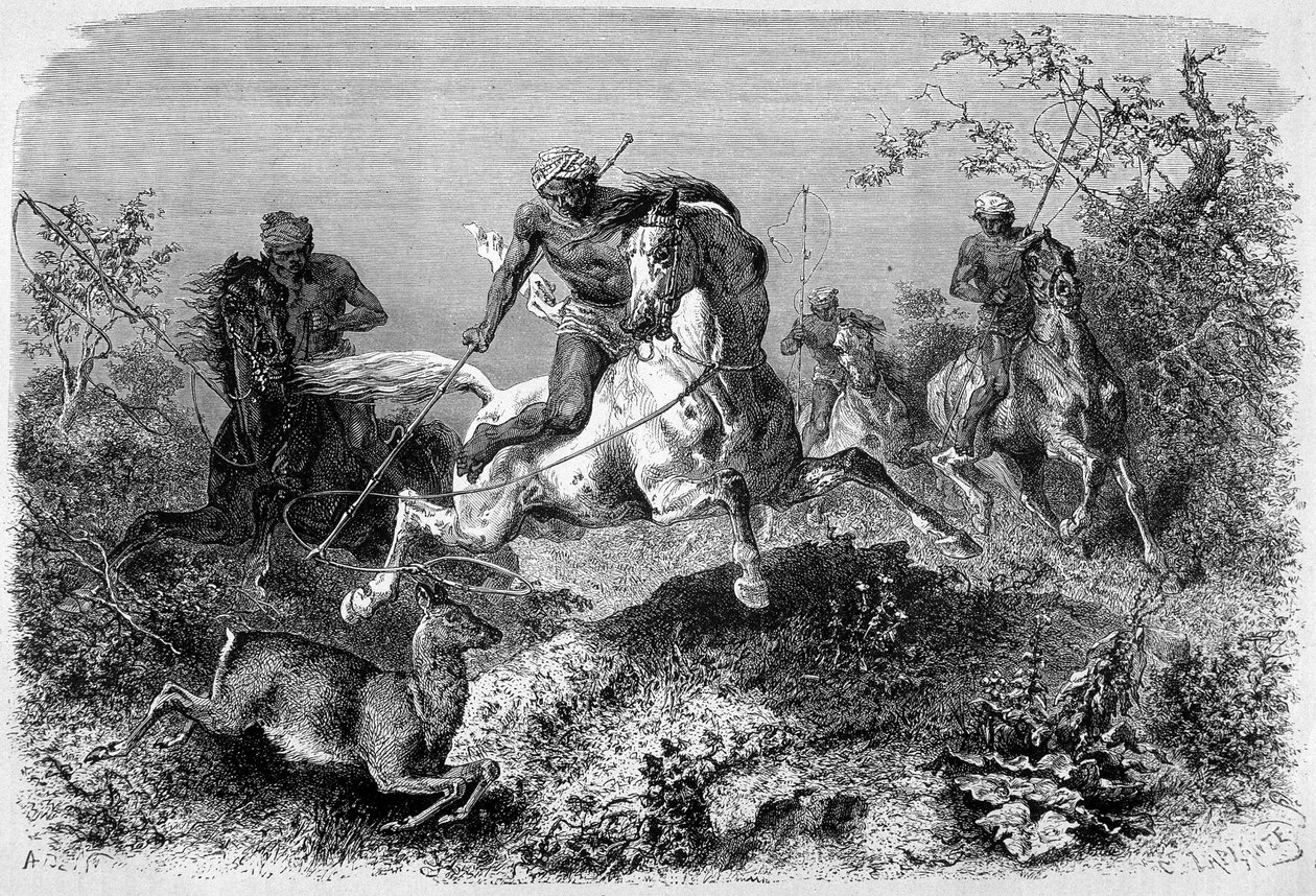 Ilustrace vydaná v edici „“Le Tour du monde““ z let 1870 - 1871 zachycující dyaka lovícího na ostrově Borneo. Rytina. od French School