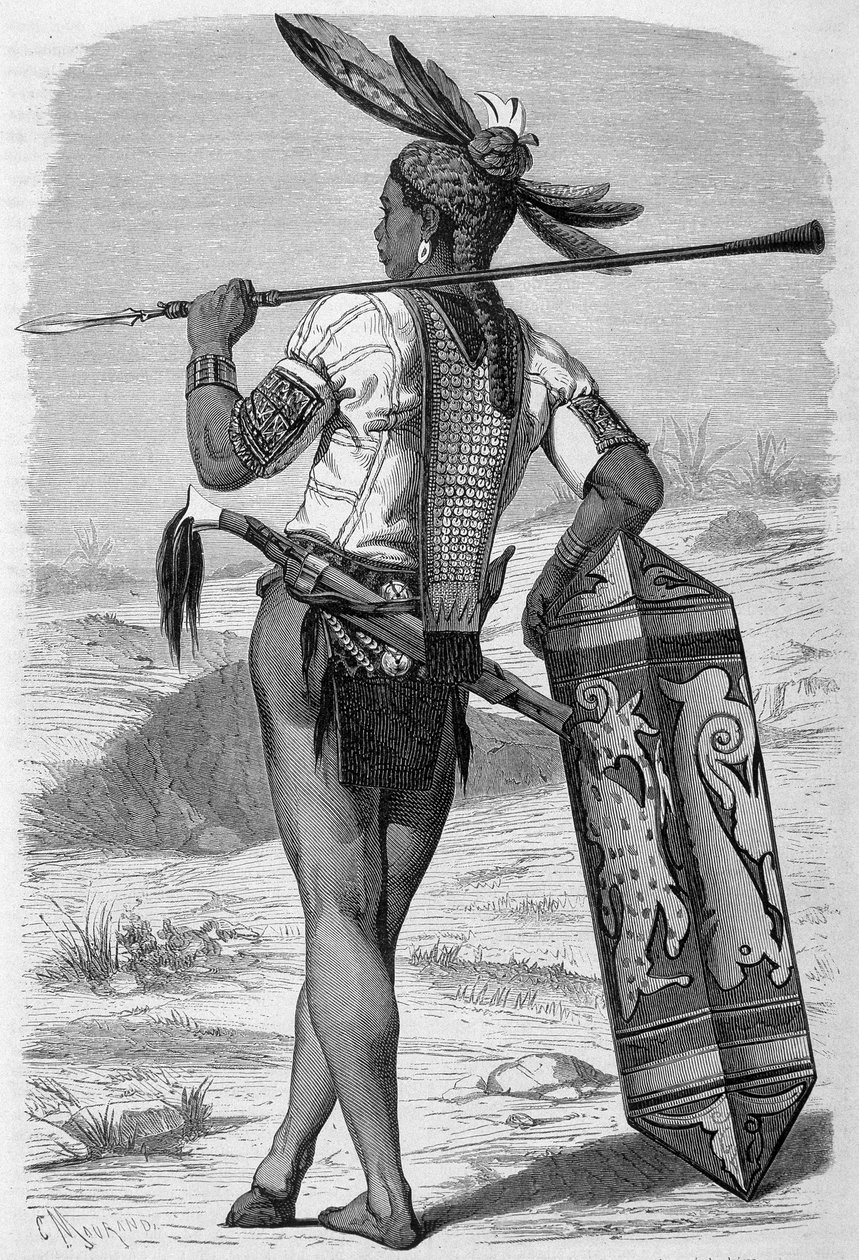 Ilustrace vydaná v edici „Le Tour du monde“ z let 1870 - 1871 zobrazující dayaka (domorodého) na ostrově Borneo. Rytina. od French School