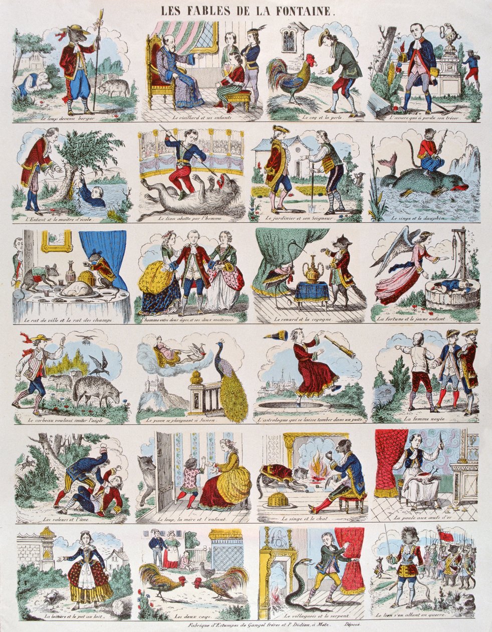 Ilustrace k bajkám Jean de La Fontaine (1621-95) imagerie Gangel a P. Didion v Metz (barevná rytina) od French School
