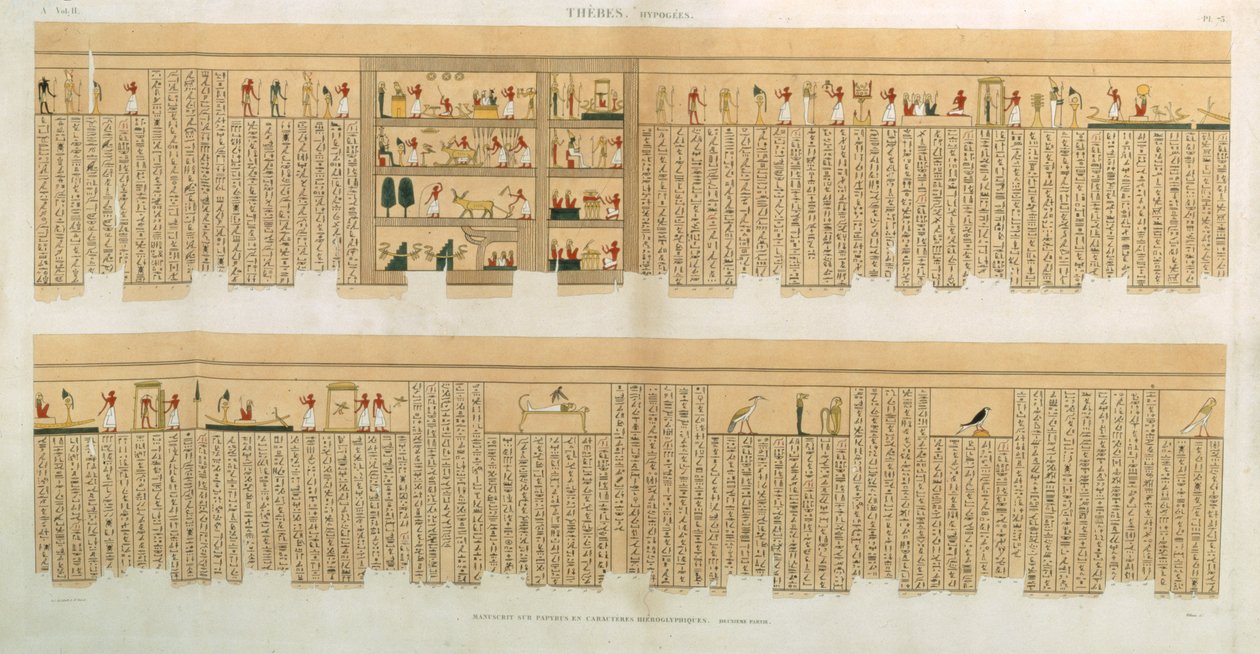 Ilustrace rukopisu Pampus s hieroglyfy, Hypogees, Théby, deska 75 ze svazku II `Descriptions of Egypt`, vyryl Willemin, pub. 1822 (akvatinta) od French School