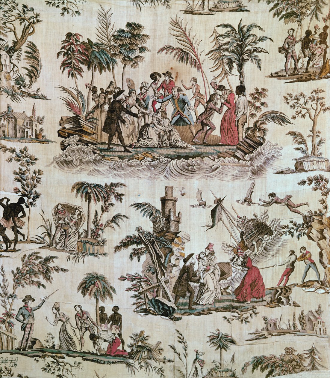 Ilustrace příhod z románu Paul et Virginie, Toile de Nantes, cca 1800 (tištěná bavlna) od French School