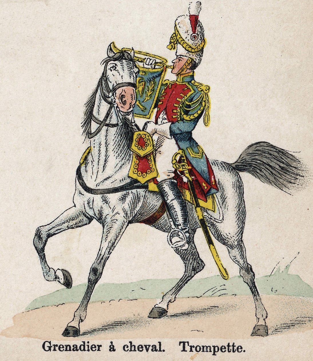 Císařská garda Napoleon I: Granátník na koni - Trumpeta. Talíř z knihy Les Uniformes de l