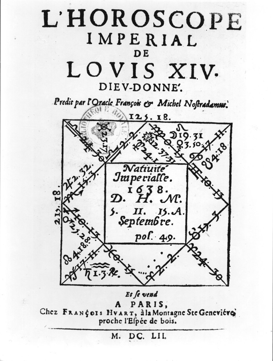 Císařský horoskop Ludvíka XIV. (1638-1715) od Michela Nostradama (1503-66) vydal Francois Huart v Paříži 1652 od French School