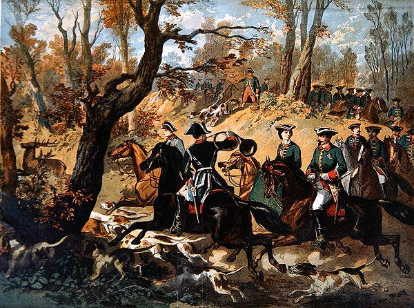 Imperiální hon na jelena v lese Compiegne (kolem roku 1860) (barevné lito) od French School