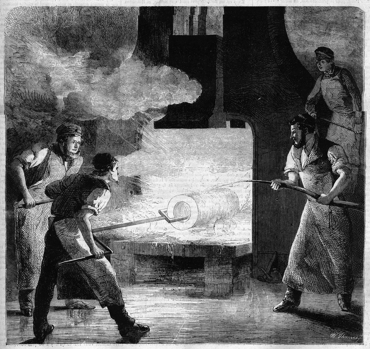 Imperiale slévárna v Douai, výroba sudu z ocelové tyče. rytina od French School
