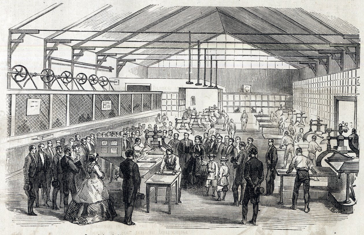 Impress Eugenie a Imperial Prince návštěva Banque de France, 23. června 1866 - tisk bankovek - rytina v Le MONDE Illustrous DU 7.7.1866 od French School