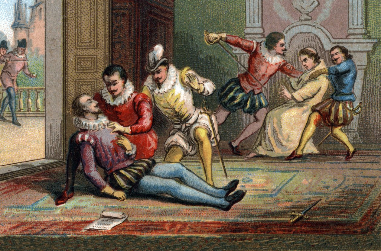 V roce 1589 mnich Jacques Clement zavraždil krále Jindřicha III bodnutím poté, co ho přiměl přečíst dopis. Král zemřel v náručí Jindřicha Navarrského. Chromolitografie kolem roku 1890. od French School