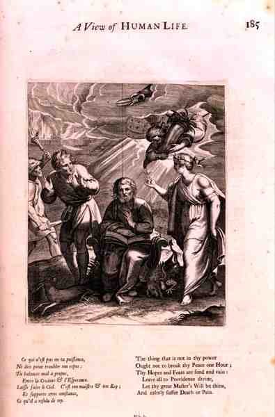 In Attendance of Death, ilustrace z básně „Pohled na lidský život“, z „Doctrine of Morality“ od Marina Le Roy de Gomberville (1600-74), rytina Dareta (rytina) od French School