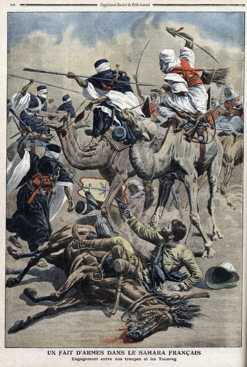 V angličtině Sahara: boj mezi francouzskými jednotkami písečných touaregů, ilustrace z novin “”Le Petit Journal”” 17. března od French School