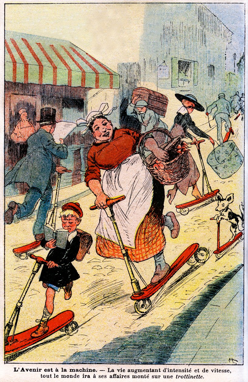 V budoucnu, život naroste na intenzitě a rychlosti, každý pojede do svého podniku nasedne na skútr. 1919 (rytina) od French School