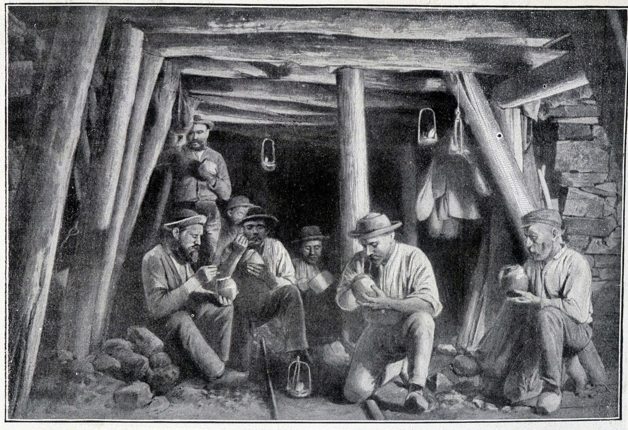 V dole: „zapalovač“, oběd horníků, konec 19. století od French School