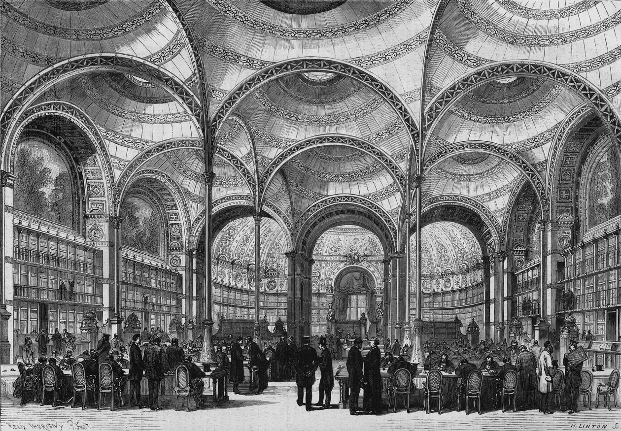 Slavnostní otevření nové čítárny císařské knihovny v Paříži, 13. června 1868, postavené architektem Pierrem Francois Henri Labrouste (1801-1875). Rytina v ""Le Monde Illustre"" č. 585 z 27. června 1868. od French School