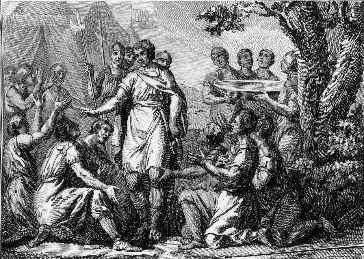 Inaugurace Pharamonda (5. století): posvátné místo krále franků Pharamond (nebo Pharamun nebo Faramund nebo Paramund). Rytina 18. století. od French School