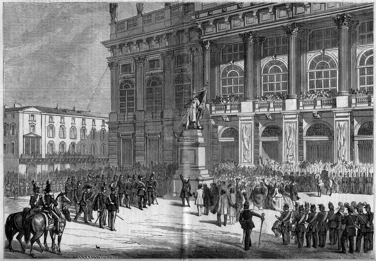 Inaugurace sardinského pomníku Vincenzem Velou (1820-1891) na Zámeckém náměstí v Turíně (Itálie) dne 10. dubna 1859. Za sochou je „Palazzo Madama“. Na základě náčrtů pana Ferryho. Rytina v „“ Le Monde Illustré““ č. 106 ze dne 23. dubna 18 od French School